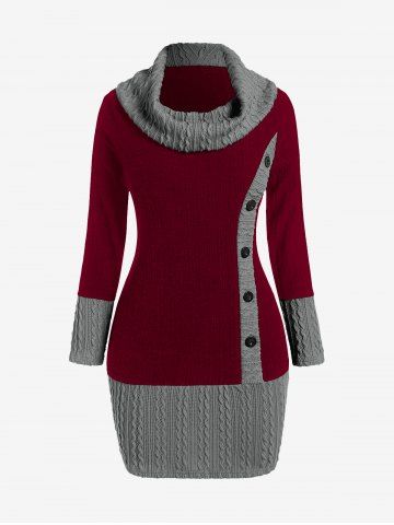 Plus Size Cowl Neck Cable Knit Two Tone Bodycon Mini Dress with Buttons - DEEP RED - L | US 12