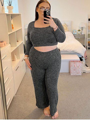 Plus Size Square Neck Knitted Cropped T-shirt and Pants Pajamas Set - DARK GRAY - L