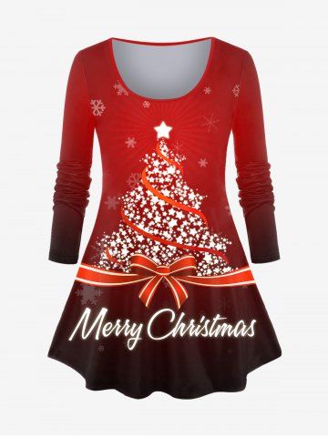 Plus Size Merry Christmas Tree Printed Ombre Long Sleeves Tee - DEEP RED - 2X | US 18-20