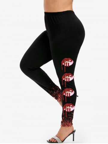 Plus Size Valentines Glitter Lip Printed Skinny Leggings - RED - M | US 10