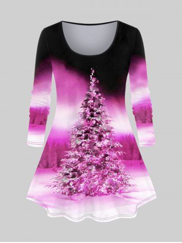 Plus Size Christmas Tree Print Ombre T-shirt - LIGHT PINK - 5X | US 30-32