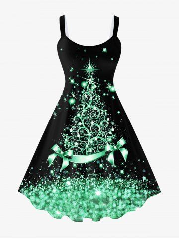 Plus Size Christmas Tree Knee Length Flared Dress - GREEN - M | US 10