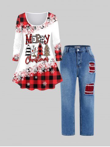 Plus Size Christmas Tree Snowflake Plaid Long Sleeves Tee and Ripped Jeans Outfit - MULTI
