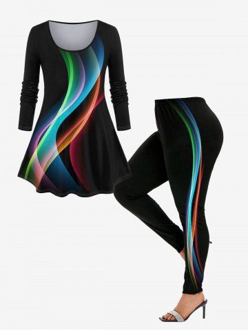 Light Beam Print Long Sleeve T-shirt and Leggings Plus Size Outfit - BLACK