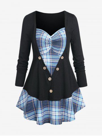 Plus Size Faux Two Piece Buttons Plaid T Shirt - BLACK - L