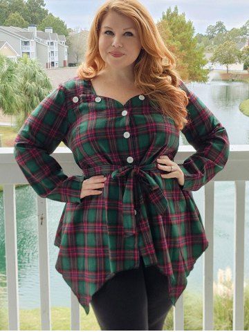 Sweetheart Button Up Belted Plaid Plus Size Blouse - GREEN - 3X
