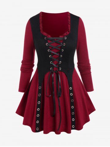 Gothic Lace Up Grommet Ruffles Colorblock Long Sleeves Tee - DEEP RED - 3X | US 22-24