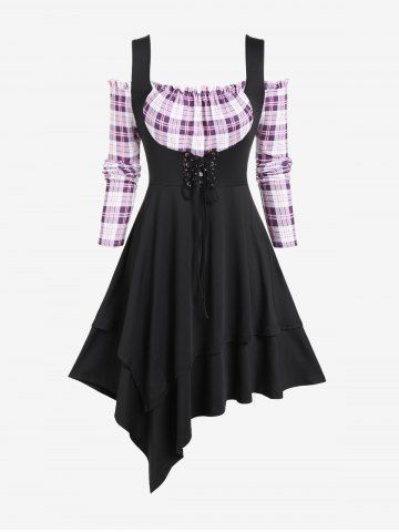 Plus Size Cold Shoulder Ruffles Lace-up Plaid Long Sleeves Asymmetric Midi Dress - BLACK - L | US 12