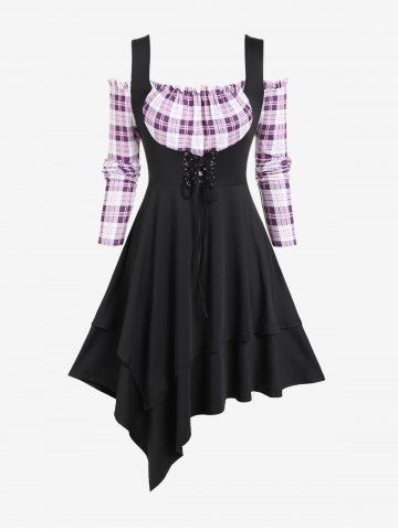 Plus Size Cold Shoulder Ruffles Lace-up Plaid Long Sleeves Asymmetric Midi Dress - BLACK - 1X | US 14-16