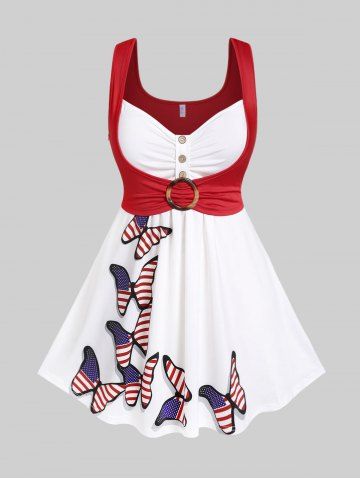 Plus Size O-ring Patriotic American Flag Butterfly Print Tank Top