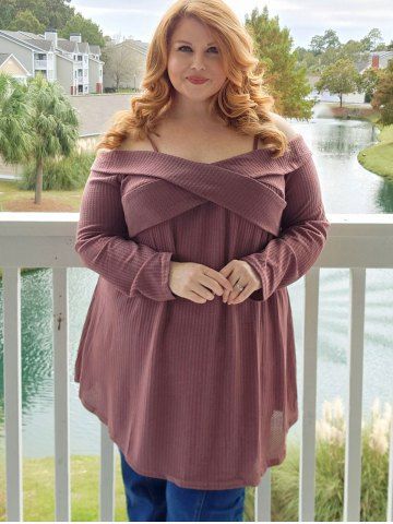 Plus Size Crossover Cold Shoulder T-shirt - DEEP RED - S | US 8