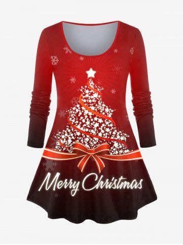 Plus Size Merry Christmas Tree Printed Ombre Long Sleeves Tee - DEEP RED - 1X | US 14-16