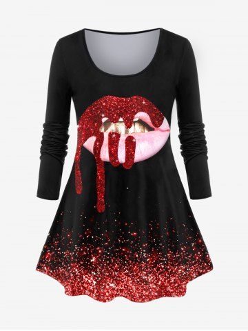 Plus Size Valentines Glitter Lip Printed Long Sleeves Tee - RED - 2X | US 18-20