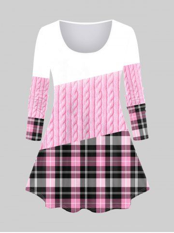 Plus Size 3D Cable Knit Checked Print Long Sleeve T-shirt - LIGHT PINK - M | US 10
