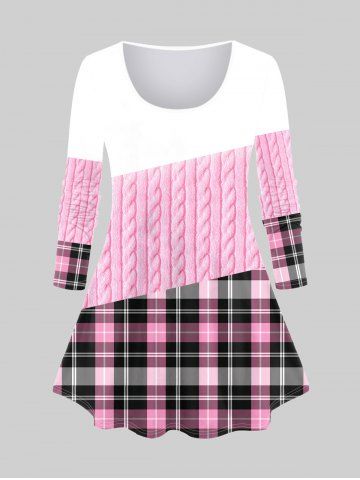 Plus Size 3D Cable Knit Checked Print Long Sleeve T-shirt - Light Pink - S | Us 8