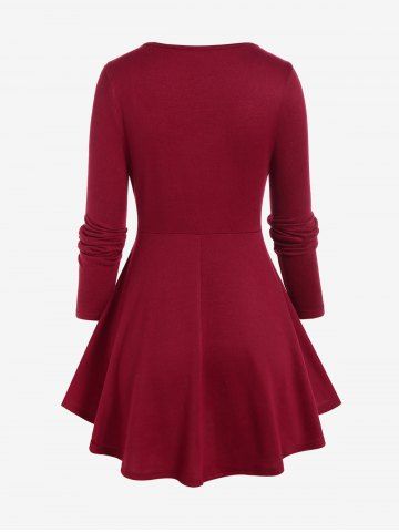 Plus Size Lace Up Grommet Ruffles Colorblock Long Sleeves Tee