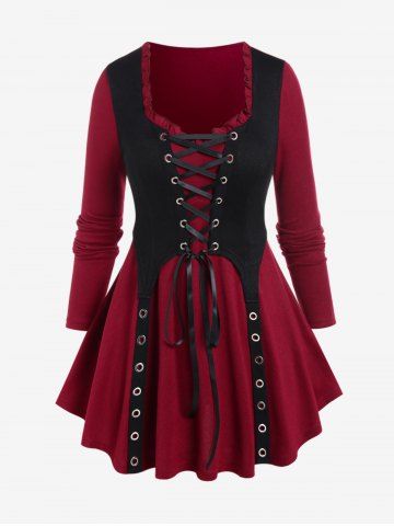 Plus Size Lace Up Grommet Ruffles Colorblock Long Sleeves Tee