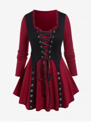 Gothic Lace Up Grommet Ruffles Colorblock Long Sleeves Tee - DEEP RED - M | US 10