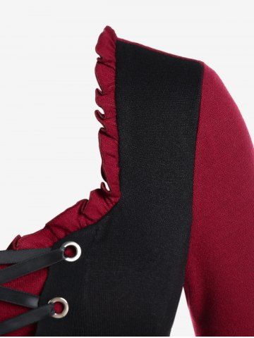 Plus Size Lace Up Grommet Ruffles Colorblock Long Sleeves Tee