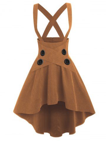 Mock Button Crossover High-low Suspender Skirt - COFFEE - S