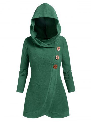 Mock Buttons Tulip Fleece Hoodie - DEEP GREEN - L