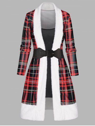 Christmas Plaid Print Faux Fur Panel Belted Long Sleeve A Line Mini Faux Twinset Dress - DEEP RED - S