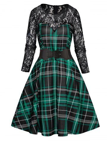 Plaid Print Sheer Flower Lace Panel Belted High Waist Dress - GREEN - S