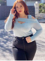 Plus Size Cold Shoulder Ribbed Sweater -  