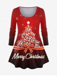 T-shirt Ombré à Imprimé Sapin de Noël Merry Christmas Grande Taille à Manches Longues - Rouge foncé 3X | US 22-24