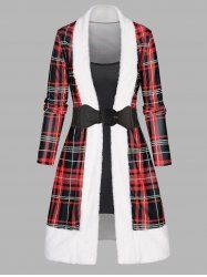 Christmas Plaid Print Faux Fur Panel Belted Long Sleeve A Line Mini Faux Twinset Dress -  