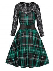 Plaid Print Sheer Flower Lace Panel Belted High Waist Dress -  