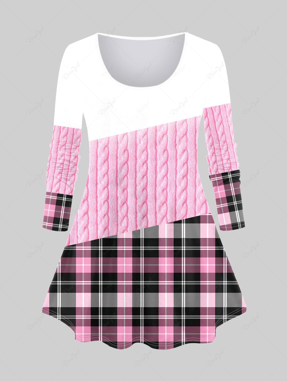 Store Plus Size 3D Cable Knit Checked Print Long Sleeve T-shirt  