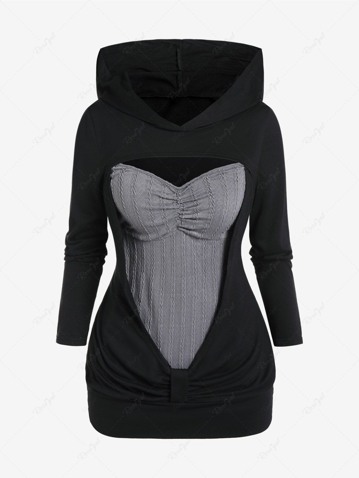 Latest Plus Size Hooded Cutout Draped Knot Cable Knit Long Sleeves 2 in 1 Tee  