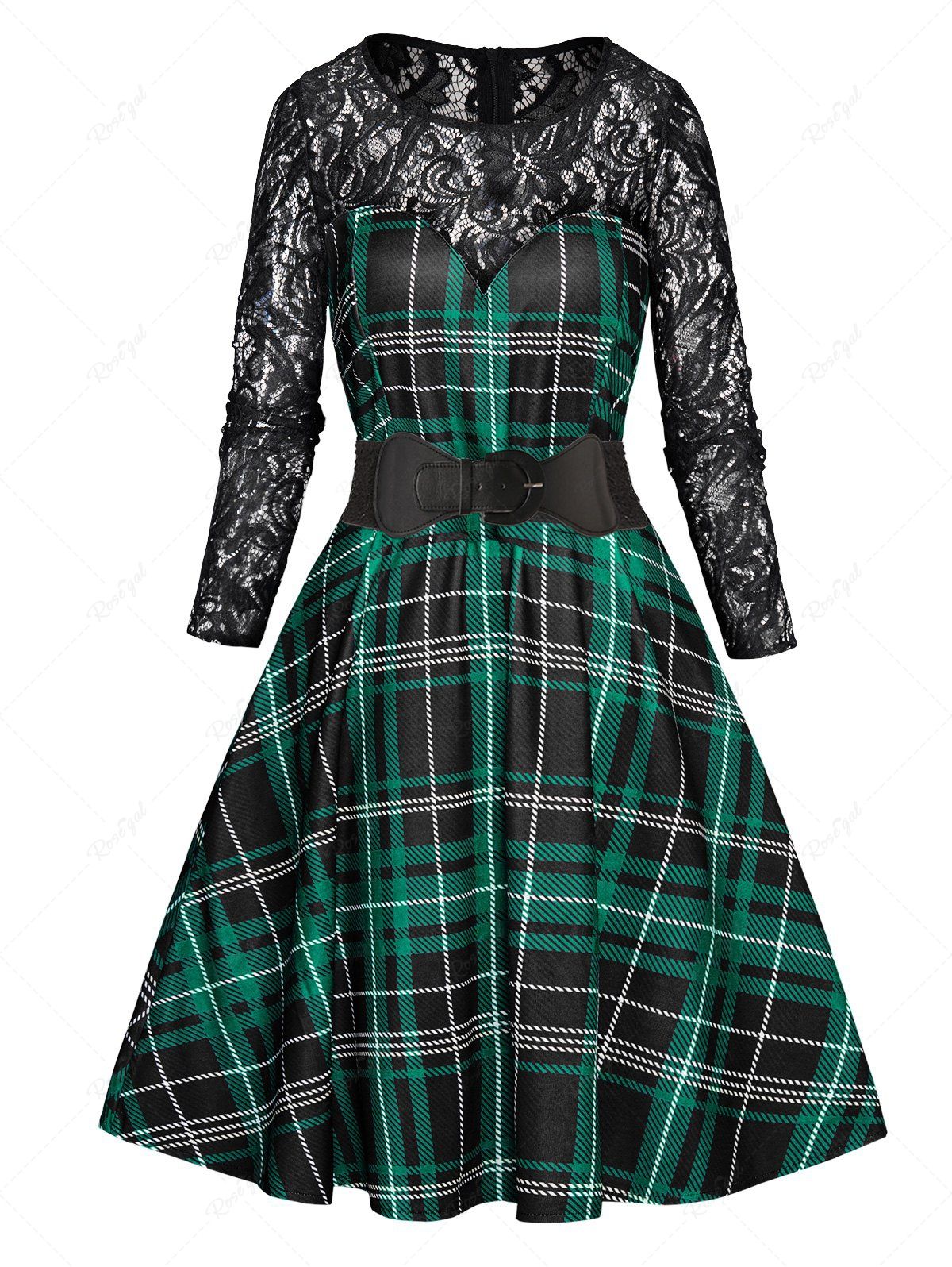 Store Plaid Print Sheer Flower Lace Panel Belted High Waist Dress  