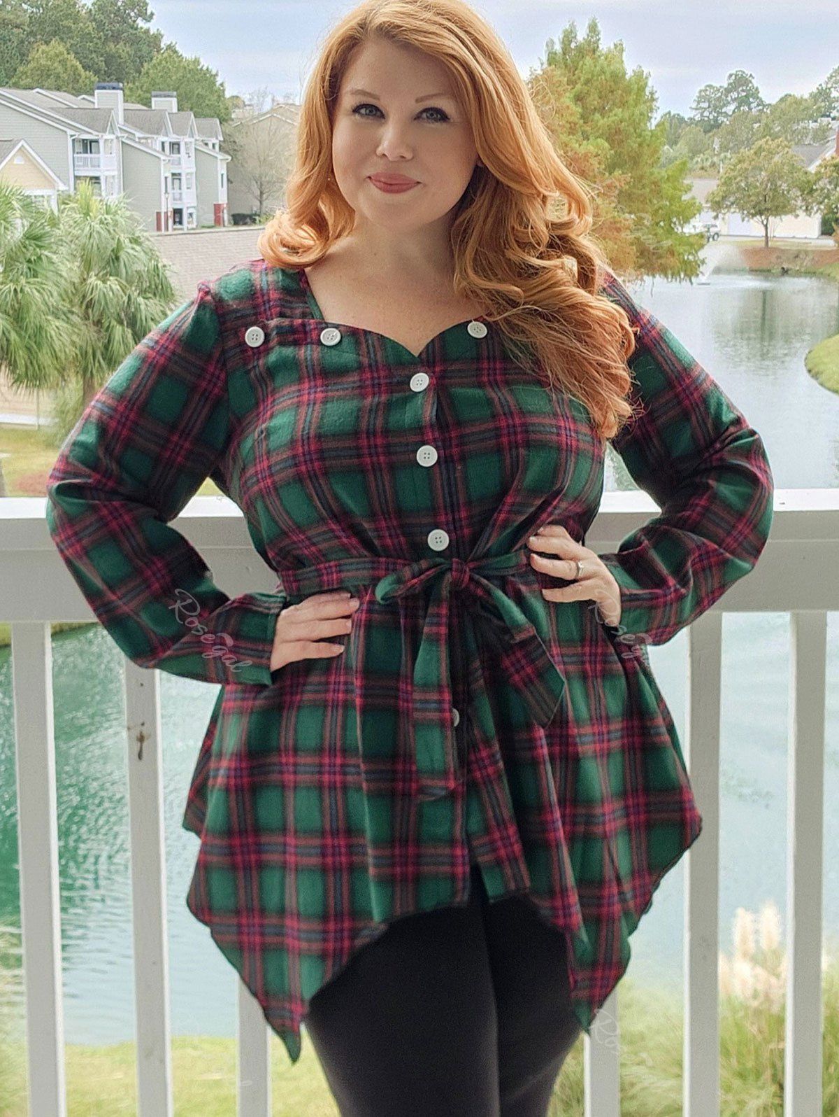 Buy Sweetheart Button Up Belted Plaid Plus Size Blouse  