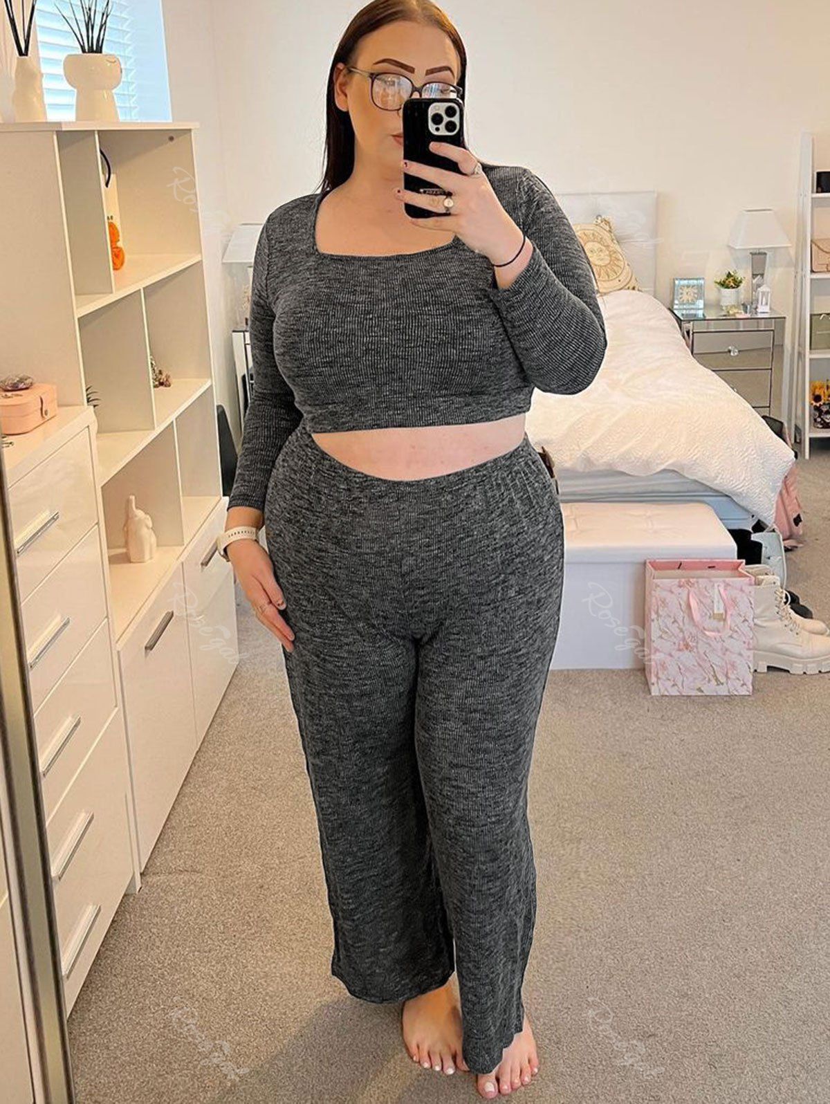 Outfit Plus Size Square Neck Knitted Cropped T-shirt and Pants Pajamas Set  