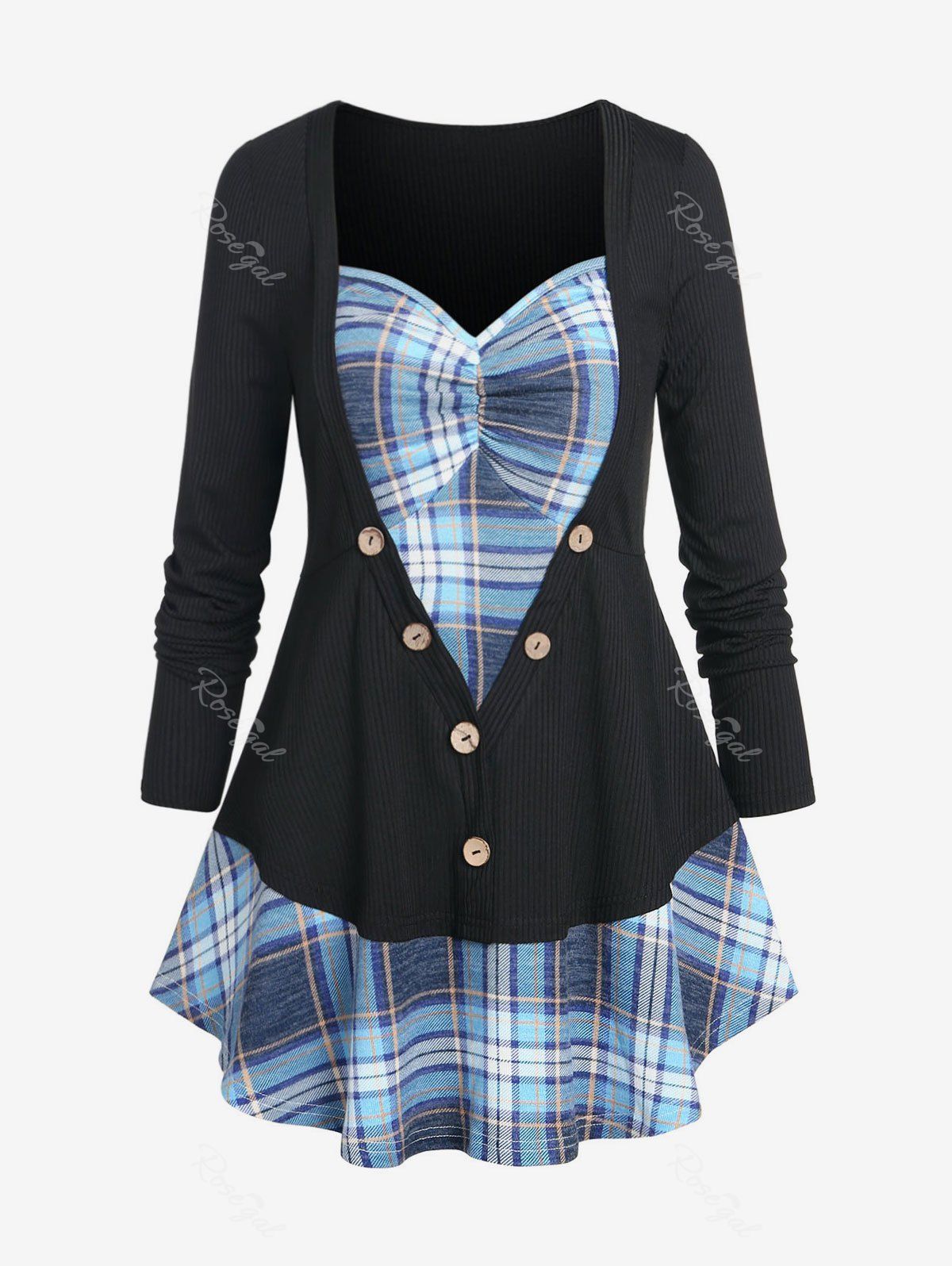 Chic Plus Size Faux Two Piece Buttons Plaid T Shirt  