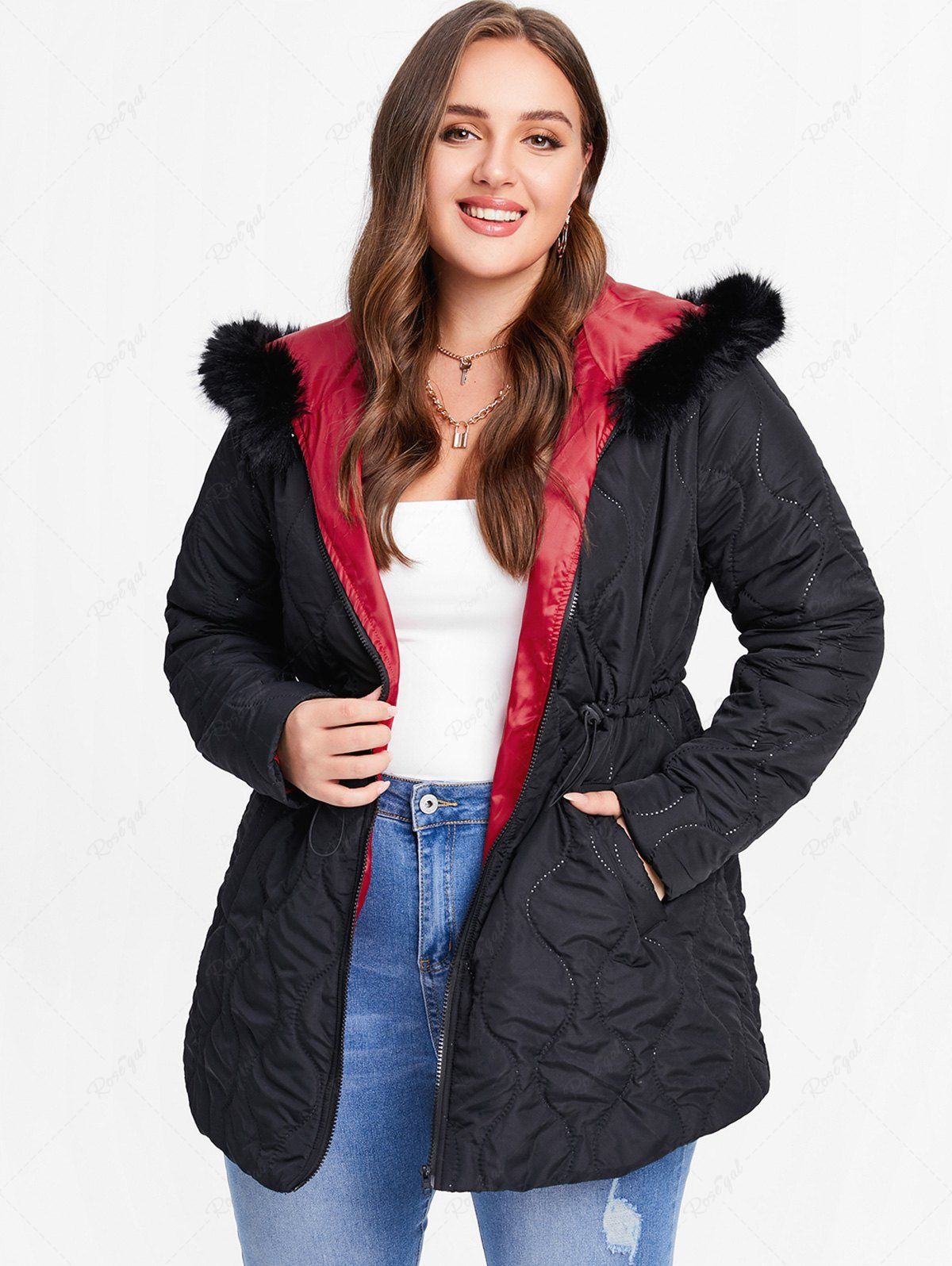 Fancy Plus Size Faux Fur Panel Elastic Waisted Hooded Quilted Jacket  