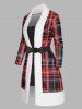Christmas Plaid Print Faux Fur Panel Belted Long Sleeve A Line Mini Faux Twinset Dress -  