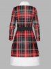 Christmas Plaid Print Faux Fur Panel Belted Long Sleeve A Line Mini Faux Twinset Dress -  
