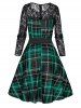 Plaid Print Sheer Flower Lace Panel Belted High Waist Dress -  