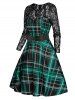 Plaid Print Sheer Flower Lace Panel Belted High Waist Dress -  