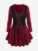 Plus Size Lace Up Grommet Ruffles Colorblock Long Sleeves Tee -  