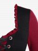 Plus Size Lace Up Grommet Ruffles Colorblock Long Sleeves Tee -  