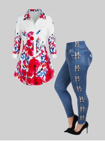 Half Button Floral Blouse and 3D Print Flocking Lined Skinny Leggings Plus Size Outfit - RED