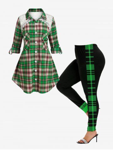 Plaid Lace Yoke Pockets Roll Tab Sleeve Shirt and Skinny Leggings Plus Size Outfit - GREEN