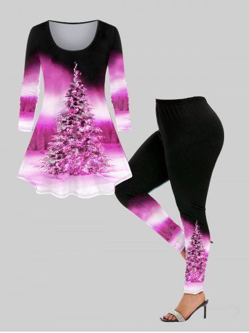 Christmas Tree Print Ombre Long Sleeve T-shirt and Leggings Plus Size Outfit - LIGHT PINK