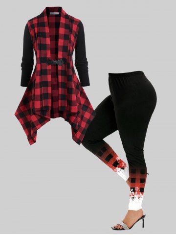 Plaid Buckle Front Shawl Collar Coat and High Rise Plaid Snowflake Christmas Leggings Plus Size Outerwear Outfit - RED