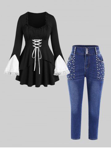 Plus Size Ruffles Lace Panel Flare Sleeves T-shirt with Lace-up and Beads Jeans Outfit