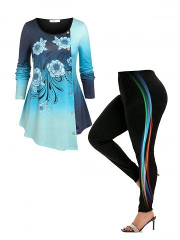 Floral Print Ombre Color Asymmetric T-shirt and Side Light Beam Print Leggings Plus Size Outfits